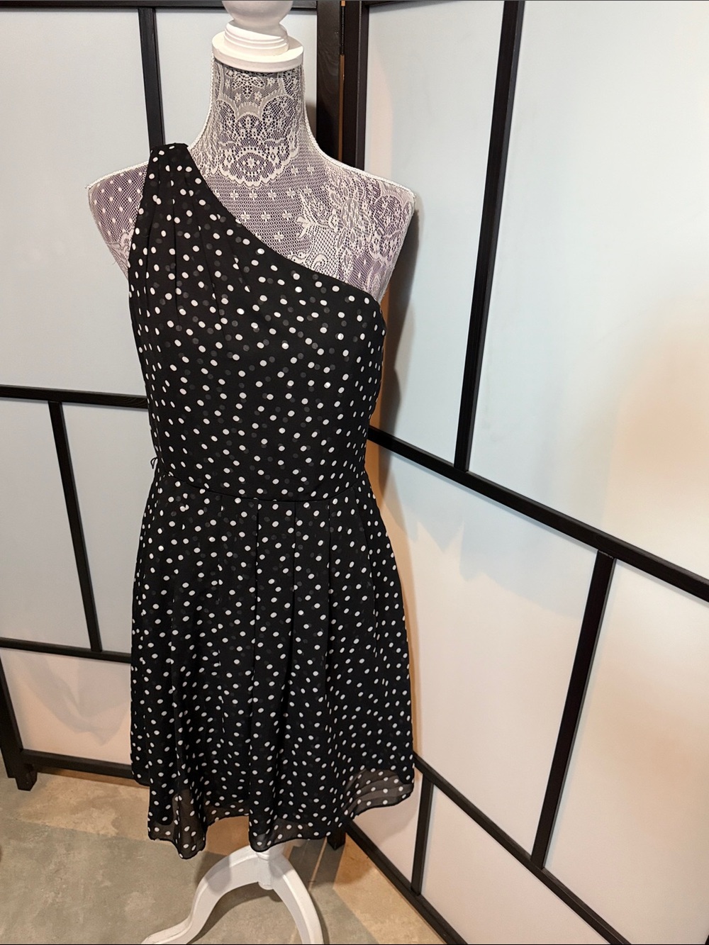 White House Black Market Black & White Polka Dot One-Shoulder Mini Dress
